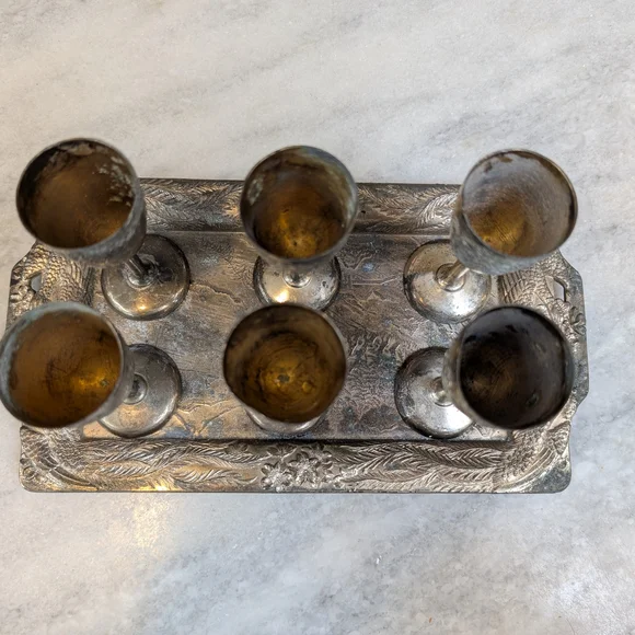 Antique Silver Plated Goblet Set of 6 with Serving Tray from Occupied Japan - Picture 2 of 8